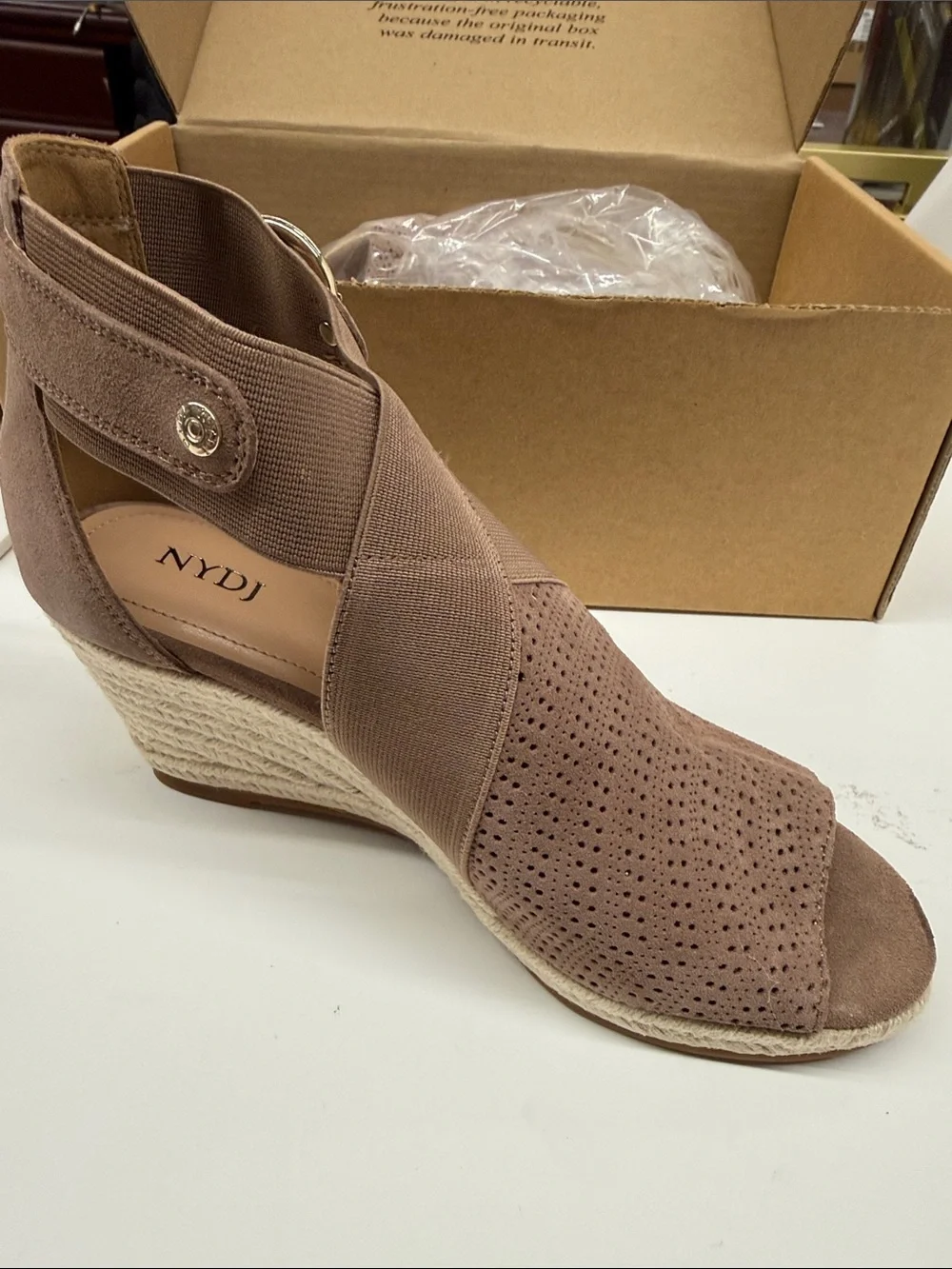 NEW NYDJ Blush Taupe Espadrille Wedge Sandals with Cross-Strap 8.5